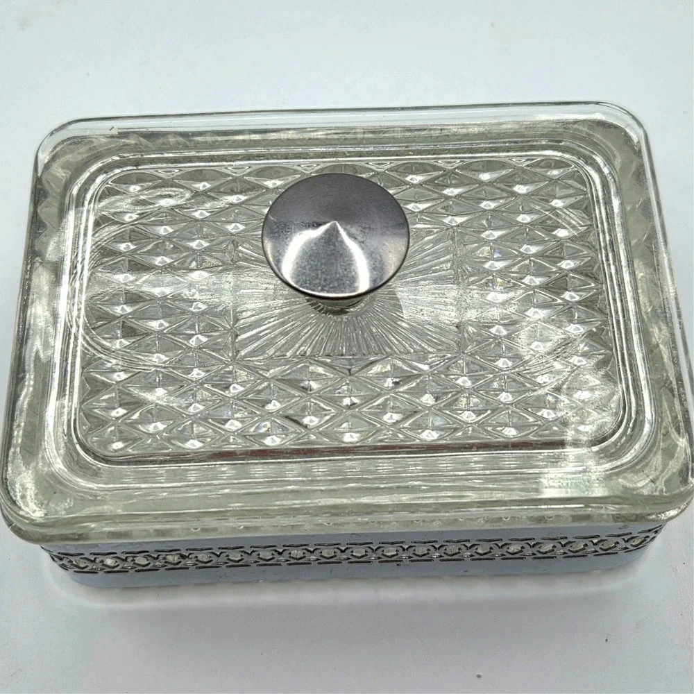 SQUARE Filigree Metal & Glass Trinket-Jewelry Box With Glass Lid Casket Vintage